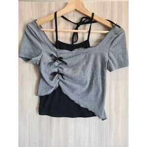 Shein Asymmetrical Cropped Top XS Gray Ribbed Knit Ruched Side Layered Look